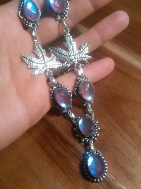 Simulated Mystic Topaz Leaf Design Silver Plated Necklace (18 Inch)